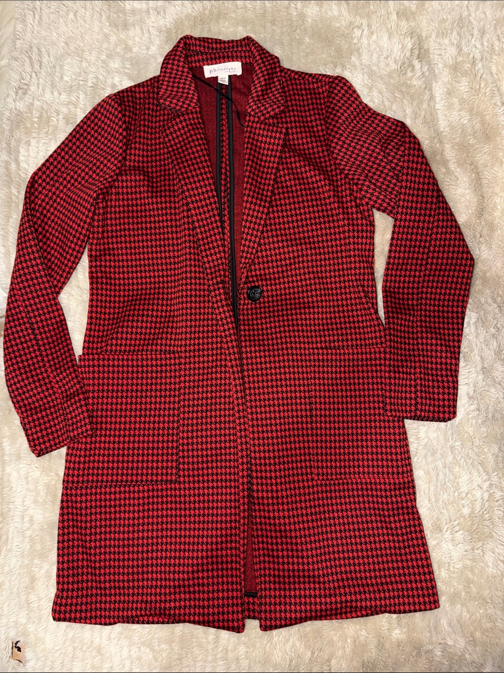 Philosophy Red and Black Houndstooth Longline Trench Coat